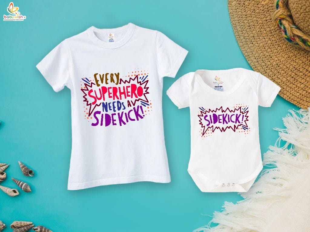 Fathers Day Special Combo White T-Shirts and Romper Sets for Father and baby Combo Pack of 2 | Every Superhero Needs a Sidekick !|