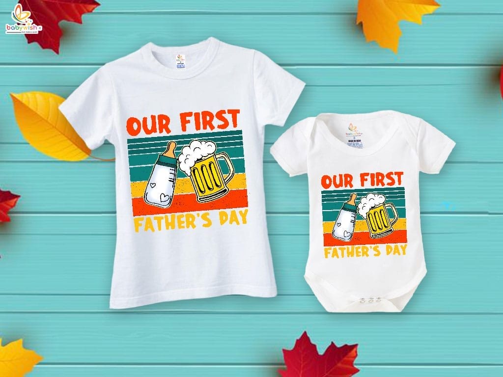 Fathers Day Special Combo White T-Shirts and Romper Sets for Father and baby Combo Pack of 2 | Our First Father's Day Milk Bottle & Glass Print|