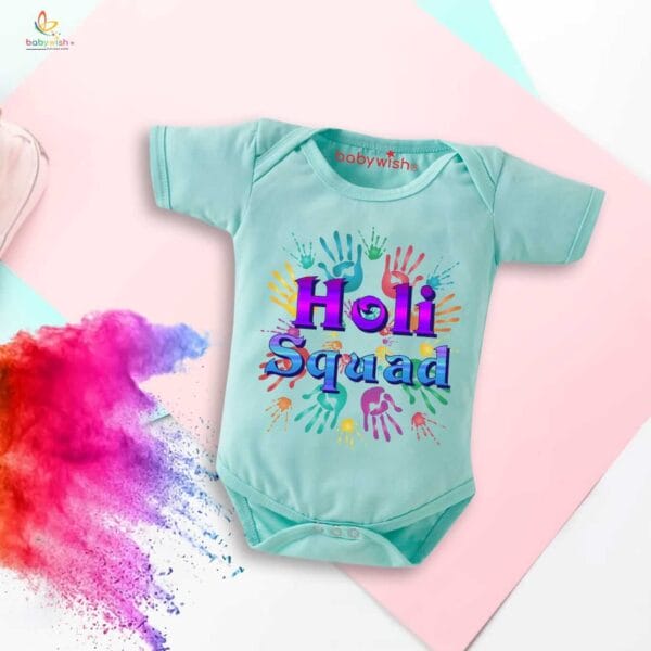 Baby First Holi Romper Clothes Baby holi festival Bodysuits Newborn Outfit Envelop Neck Half Sleeve Unisex Onesies "Holi Wali Squad Print" - Image 4