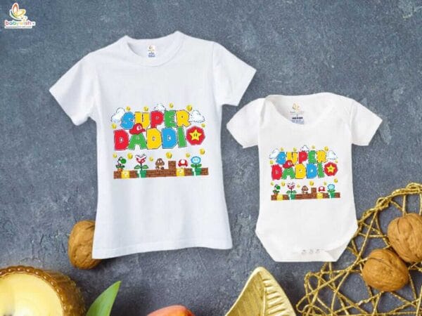 Fathers Day Special Combo White T-Shirts and Romper Sets for Father and baby Combo Pack of 2 |  SUPER DADDIO |