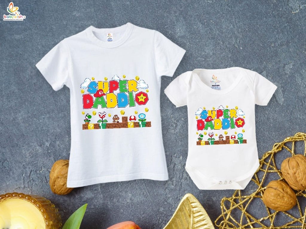 Fathers Day Special Combo White T-Shirts and Romper Sets for Father and baby Combo Pack of 2 | SUPER DADDIO |