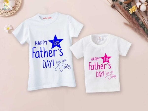 Fathers Day Special Combo White T-Shirts Sets for Father and KId Combo Pack of 2 |Happy 1st Father's Day! Love You Daddy|