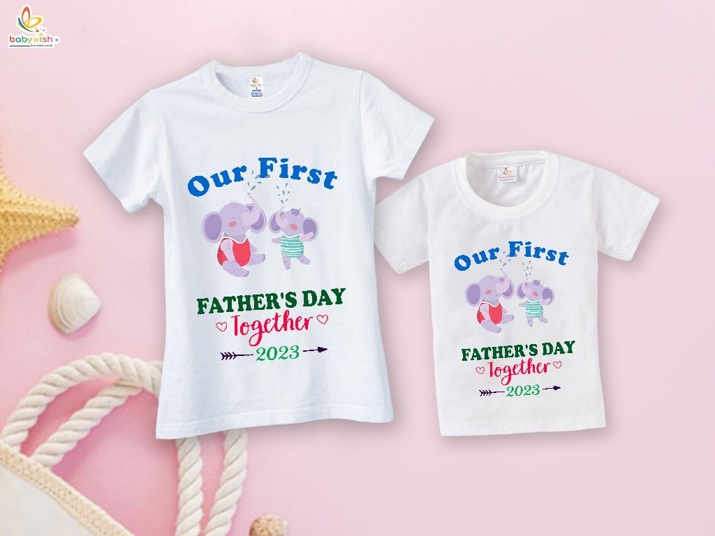 Fathers Day Special Combo White T-Shirts Sets for Father and KId Combo Pack of 2 | Our First Father's Day Together 2023 Elephant Print|