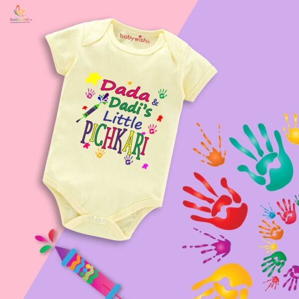 Baby First Holi Romper Clothes Baby holi festival Bodysuits Newborn Outfit Envelop Neck Half Sleeve Unisex Onesies "Grandpa's Little Pichkari" - Image 3