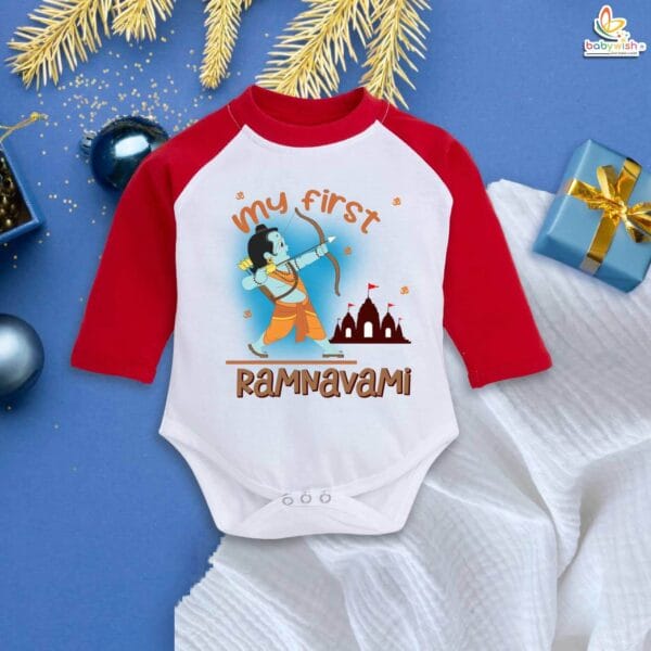 My First Ramnavmi Baby Romper – Full Sleeve Bodysuit “My First Ram Navami” – Traditional Festival Outfit for Infant Boy or Girl – Hindu Ramnavmi Celebration Dress – Babywish