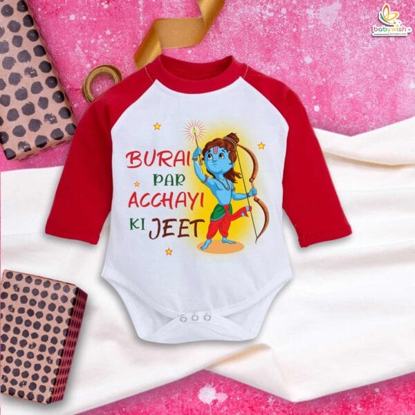 My First Ramnavmi Baby Romper – Full Sleeve Bodysuit “Burai Par Acchayi Ki Jeet” – Traditional Infant Outfit for Ram Navami Festival Celebration – Babywish