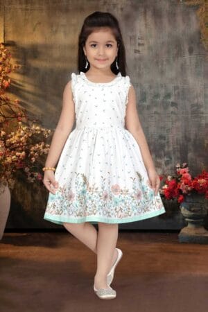 Girl Dress Knee Length Frock Floral Prints Girls Flutter Wings Sleeveless Dress Girls Cotton Frock Topwear - Bottom Design Theme