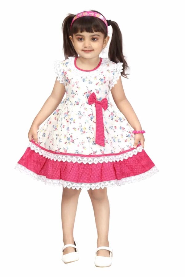 Girl Dress Knee Length Frock Floral Prints Girls Flutter Wings Halfsleeve Dress Girls Cotton Bottom Lace Frock Topwear - Lace Pattern - Image 5