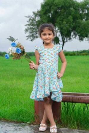 Girl Dress Knee Length Frock Floral Prints Girls Flutter Wings Halfsleeve Dress Girls Cotton Bottom Frock Topwear - Penguin Theme Printed
