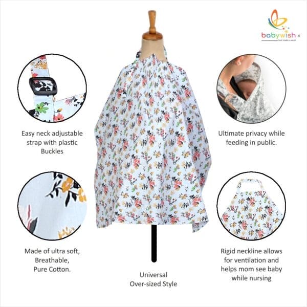 Nursing covers for Mother Breathable feeding cover for Breastfeeding 360° Coverage Protection Cover - Light Blue Floral Theme - Image 3