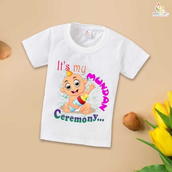 First Mundan ceremony T-shirt for Kids Clothes Unisex occasion mundan Topwear Outfit Half Sleeve for Boy n Girl | It's My Mundan Ceremony | - Image 4