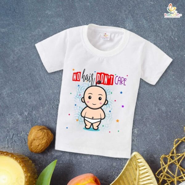 First Mundan ceremony T-shirt for Kids Clothes Unisex occasion mundan Topwear Outfit Half Sleeve for Boy n Girl | No Hair Don't Care | - Image 2