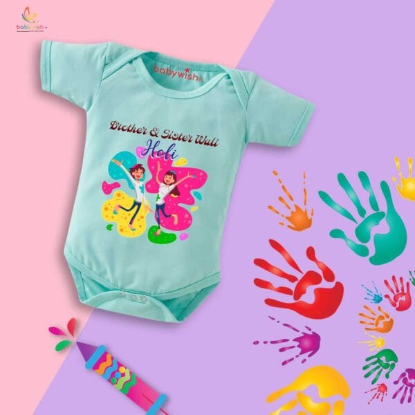 Baby First Holi Romper Clothes Baby holi festival Bodysuits Newborn Outfit Envelop Neck Half Sleeve Unisex Onesies "Brother's & Sister Wali Holi" - Image 4