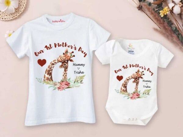 Mothers Day Special Combo White T-Shirts and Romper Sets for Mother and baby Combo Pack of 2