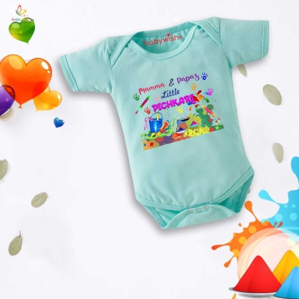 Baby First Holi Romper Clothes Baby holi festival Bodysuits Newborn Outfit Envelop Neck Half Sleeve Unisex Onesies "Mammas & Papas Little Pichkari" - Image 4