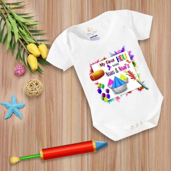 Baby First Holi Romper Clothes Baby holi festival Bodysuits Newborn Outfit Envelop Neck Half Sleeve Unisex Onesies "Holi With Nani & Nana" - Image 5