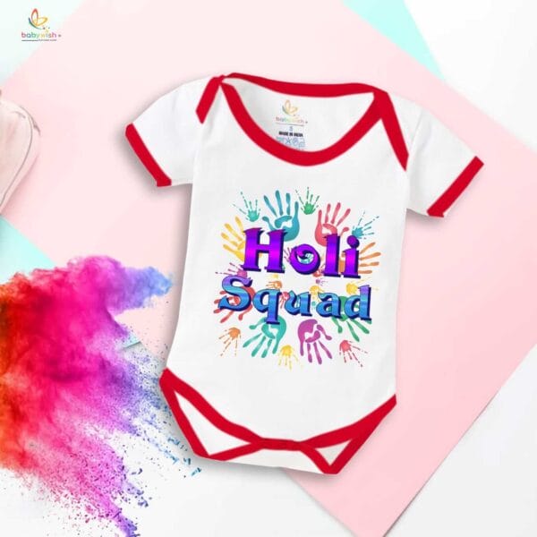 Baby First Holi Romper Clothes Baby holi festival Bodysuits Newborn Outfit Envelop Neck Half Sleeve Unisex Onesies "Holi Wali Squad Print" - Image 2