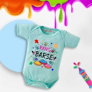 Baby First Holi Romper Clothes Baby holi festival Bodysuits Newborn Outfit Envelop Neck Half Sleeve Unisex Onesies "Rang Barse Holi Print"