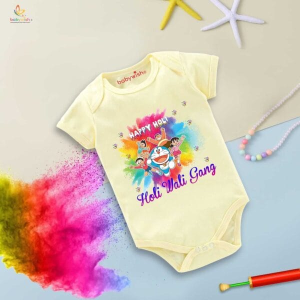 Baby First Holi Romper Clothes Baby holi festival Bodysuits Newborn Outfit Envelop Neck Half Sleeve Unisex Onesies "Happy Holi Cartoon Print" - Image 4