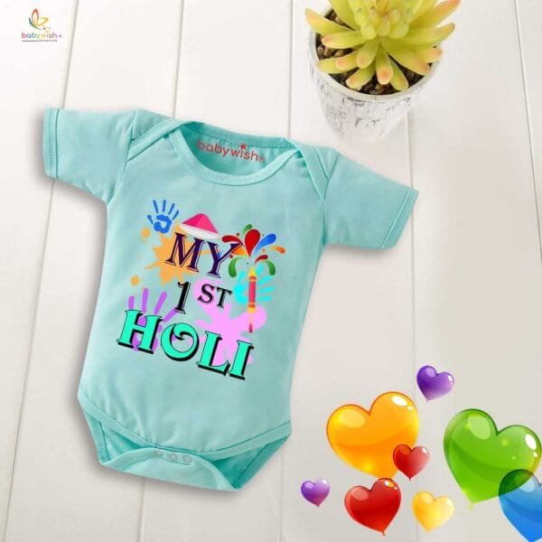 Baby First Holi Romper Clothes Baby holi festival Bodysuits Newborn Outfit Envelop Neck Half Sleeve Unisex Onesies "My 1st Holi Print Color" - Image 2
