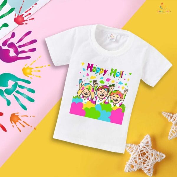 Holi T-shirt for Kids Unisex Holi Topwear Outfit Printed Half Sleeve Tshirt Dress for Boy n Girl "Happy Holi"