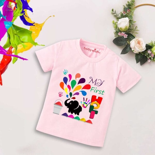 Holi T-shirt for Kids Unisex Holi Topwear Outfit Printed Half Sleeve Tshirt Dress for Boy n Girl "Elephant Print Holi" - Image 3