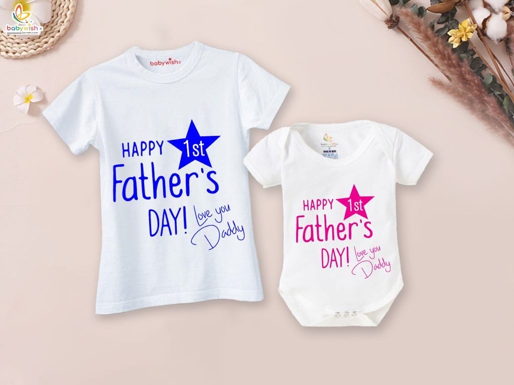 Fathers Day Special Combo White T-Shirts and Romper Sets for Father and baby Combo Pack of 2 | Happy 1st Father's Day! Love You Daddy |