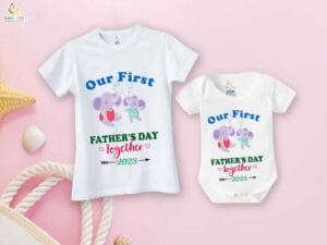 Fathers Day Special Combo White T-Shirts and Romper Sets for Father and baby Combo Pack of 2 | Our First Father's Day Together 2023 Elephant Print |