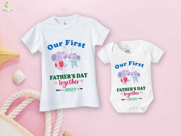 Fathers Day Special Combo White T-Shirts and Romper Sets for Father and baby Combo Pack of 2 | Our First Father's Day Together 2023 Elephant Print |
