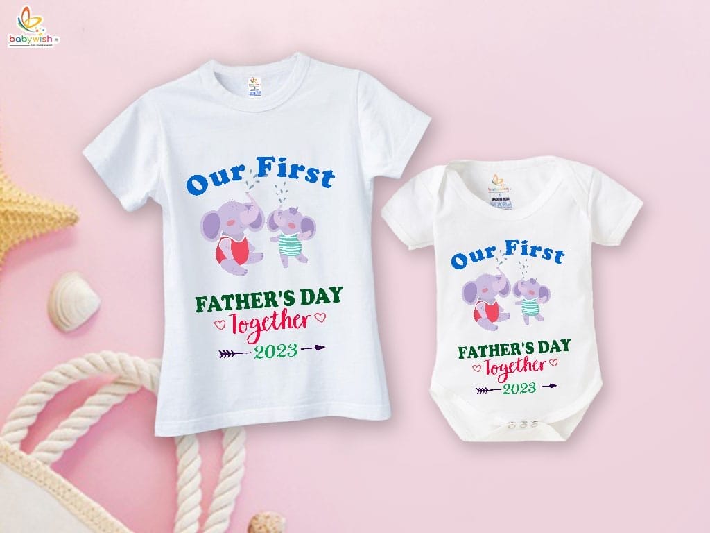 Fathers Day Special Combo White T-Shirts and Romper Sets for Father and baby Combo Pack of 2 | Our First Father's Day Together 2023 Elephant Print |