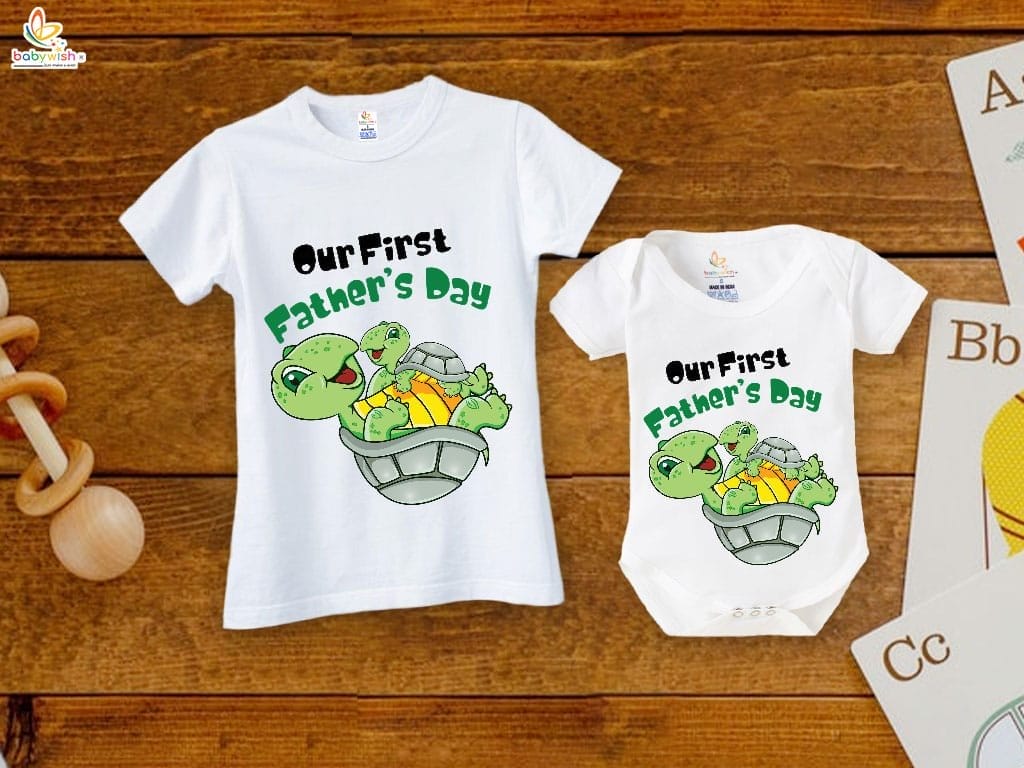 Fathers Day Special Combo White T-Shirts and Romper Sets for Father and baby Combo Pack of 2 | Our First Father's Day Tortoise Print|