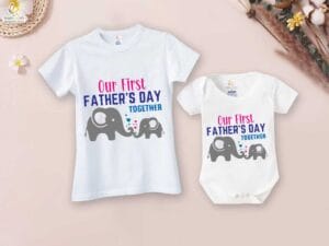 Fathers Day Special Combo White T-Shirts and Romper Sets for Father and baby Combo Pack of 2 | Our First Father's Day Together Elephant  Print|
