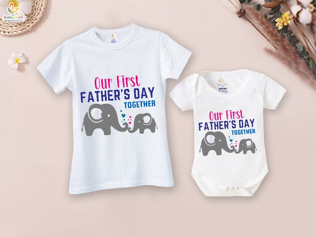 Fathers Day Special Combo White T-Shirts and Romper Sets for Father and baby Combo Pack of 2 | Our First Father's Day Together Elephant Print|