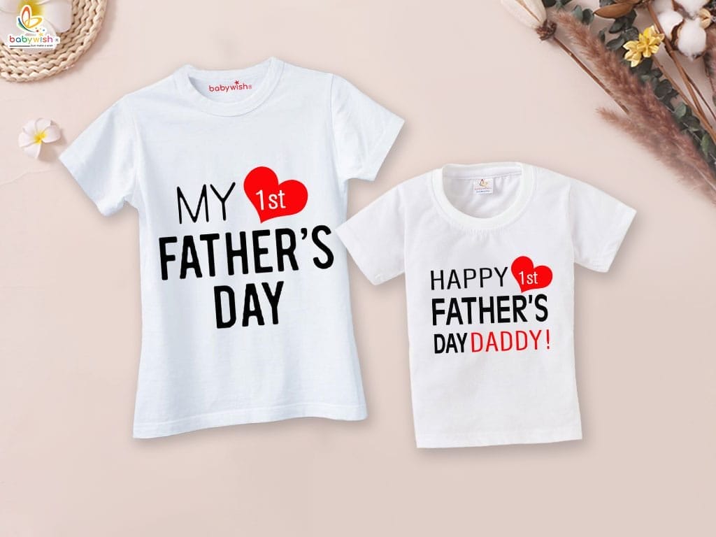 Fathers Day Special Combo White T-Shirts Sets for Father and KId Combo Pack of 2 | Happy 1st Father's Day Daddy !|