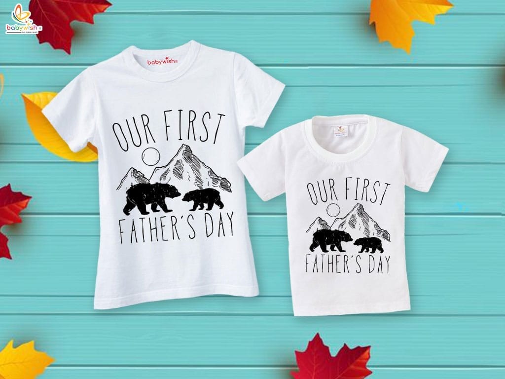 Fathers Day Special Combo White T-Shirts Sets for Father and KId Combo Pack of 2 |OUR FIRST FATHER'S DAY BEAR'S PRINT|