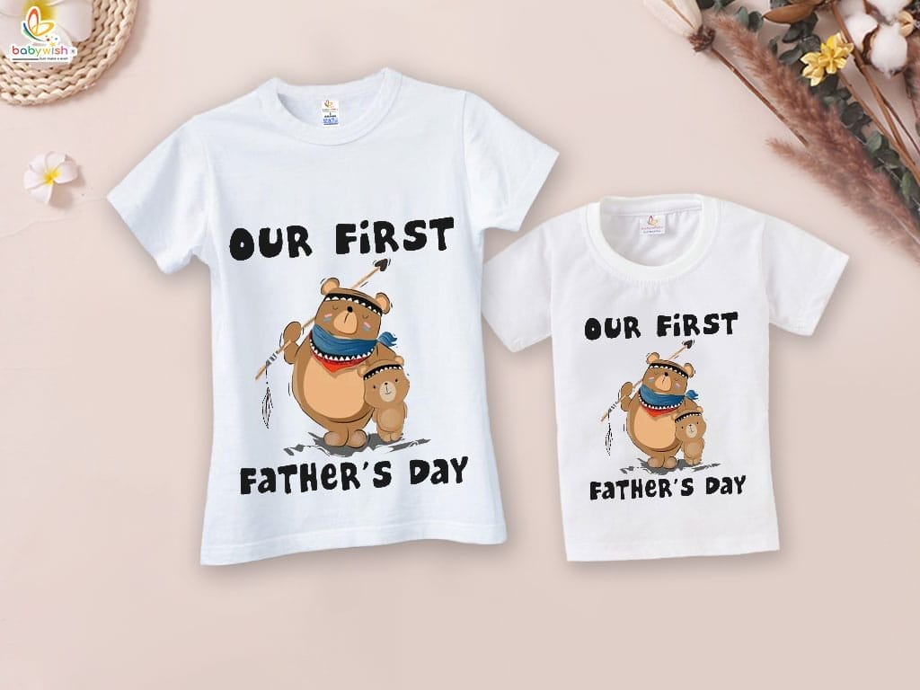 Fathers Day Special Combo White T-Shirts Sets for Father and KId Combo Pack of 2 | Our First Father's Day Bear Print|