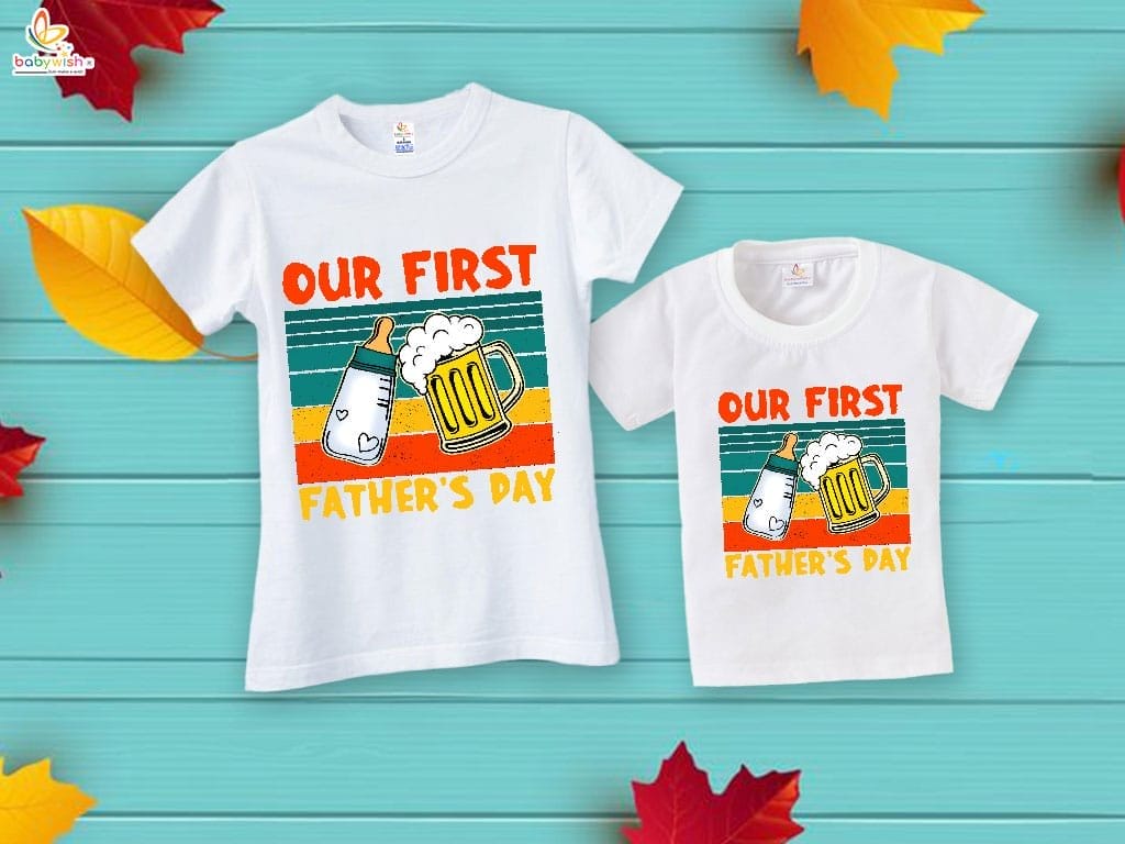 Fathers Day Special Combo White T-Shirts Sets for Father and KId Combo Pack of 2 | Our First Father's Day Milk Bottle & Glass Print|