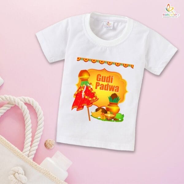 Gudi Padwa T-shirt for Kids Unisex Gudi Padwa Topwear Outfit Printed Half Sleeve Tshirt Dress for Boy n Girl "Worship on Gudi Padwa Festival" - Image 4