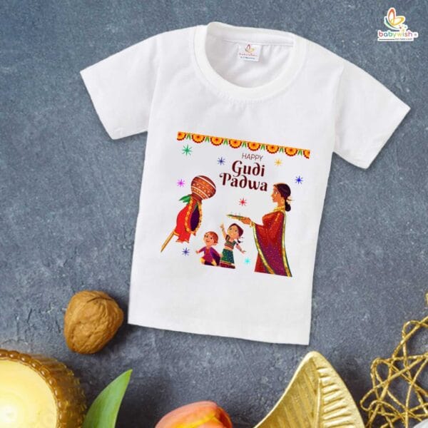 Gudi Padwa T-shirt for Kids Unisex Gudi Padwa Topwear Outfit Printed Half Sleeve Tshirt Dress for Boy n Girl "Happy Gudi Padwa - Image 4