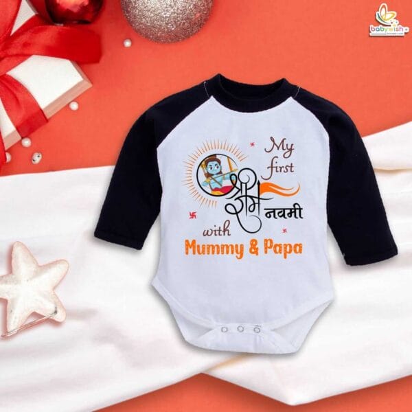 My First Ramnavmi Baby Romper – Full Sleeve Bodysuit “My First Ram Navami with Mummy & Papa” – Traditional Hindu Festival Outfit for Newborn or Infant – Babywish - Image 3