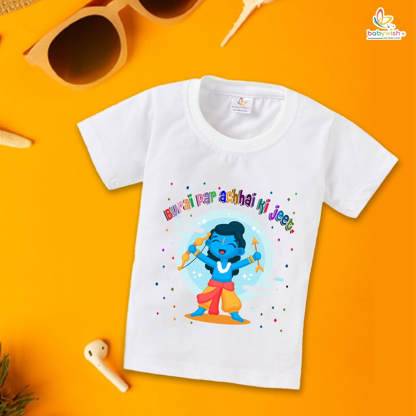Ram Navmi T-shirt for Kids Unisex Navratri Topwear Outfit Printed Half Sleeve Tshirt Dress for Boy n Girl " Burai par achhai ki Jeet "