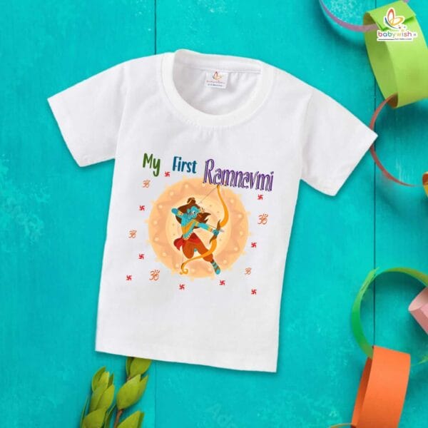 Ram Navmi T-shirt for Kids Unisex Navratri Topwear Outfit Printed Half Sleeve Tshirt Dress for Boy n Girl " Happy Navratri " - Image 2