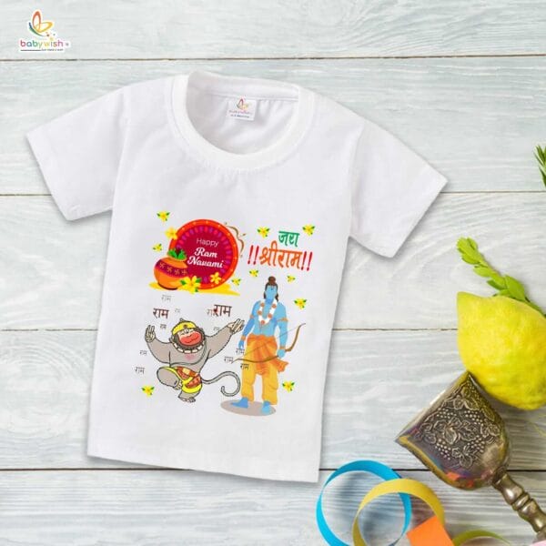 Ram Navmi T-shirt for Kids Unisex Navratri Topwear Outfit Printed Half Sleeve Tshirt Dress for Boy n Girl " Jai Shreeram Printed " - Image 2