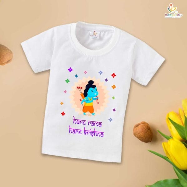 Ram Navmi T-shirt for Kids Unisex Navratri Topwear Outfit Printed Half Sleeve Tshirt Dress for Boy n Girl " Hare Rama Hare Krishna " - Image 3