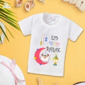 Eid T-shirt for Kids Unisex Ramadan Topwear Outfit Printed Half Sleeve Tshirt Dress for Boy n Girl "Eid Moo Barak"