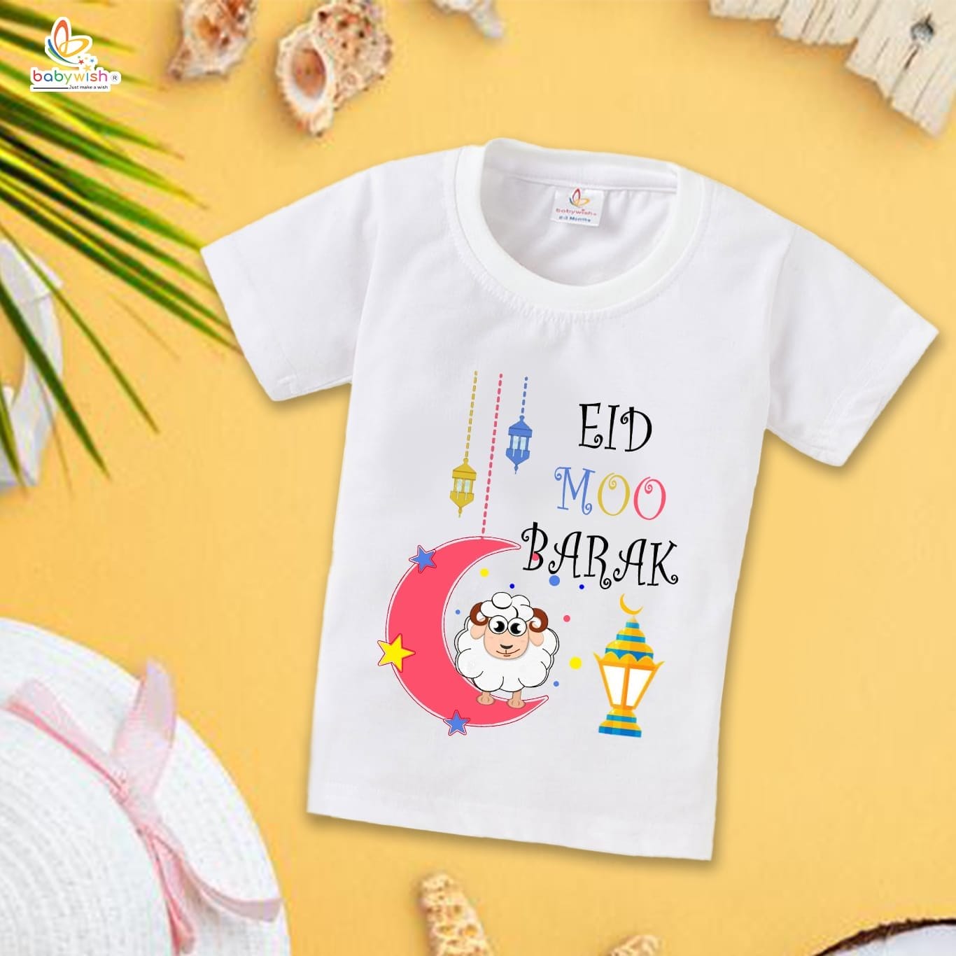 Eid T-shirt for Kids Unisex Ramadan Topwear Outfit Printed Half Sleeve Tshirt Dress for Boy n Girl "Eid Moo Barak"