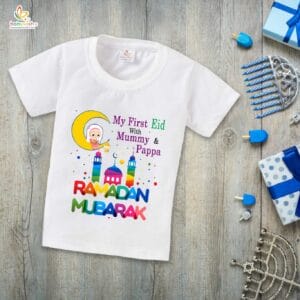 Eid T-shirt for Kids Unisex Ramadan Topwear Outfit Printed Half Sleeve Tshirt Dress for Boy n Girl "My First Eid with Mummy & Papa"
