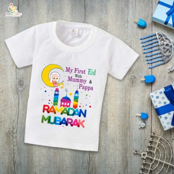 Eid T-shirt for Kids Unisex Ramadan Topwear Outfit Printed Half Sleeve Tshirt Dress for Boy n Girl "My First Eid with Mummy & Papa"
