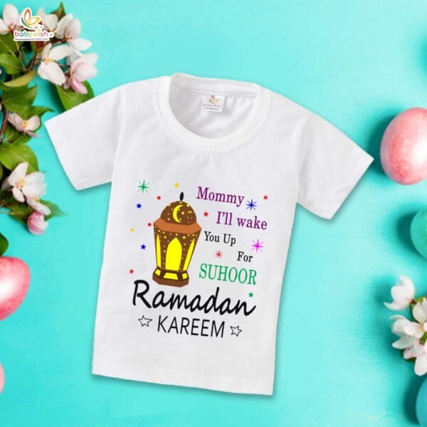 Eid T-shirt for Kids Unisex Ramadan Topwear Outfit Printed Half Sleeve Tshirt Dress for Boy n Girl " Mommy I'll Wake You up for Suhoor " - Image 2