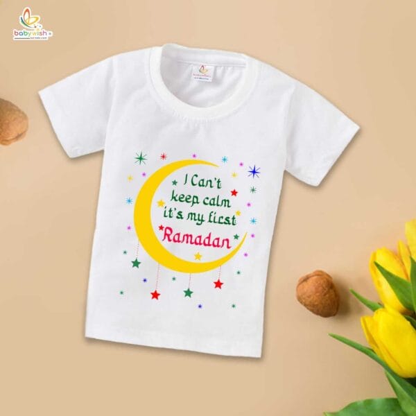 Eid T-shirt for Kids Unisex Ramadan Topwear Outfit Printed Half Sleeve Tshirt Dress for Boy n Girl " I Can't Keep Calm It's Ramdan " - Image 2